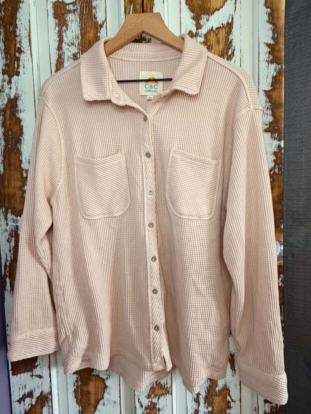 C&C California Waffle Knit Button-Up Shacket Shirt Pink Size XL Coastal